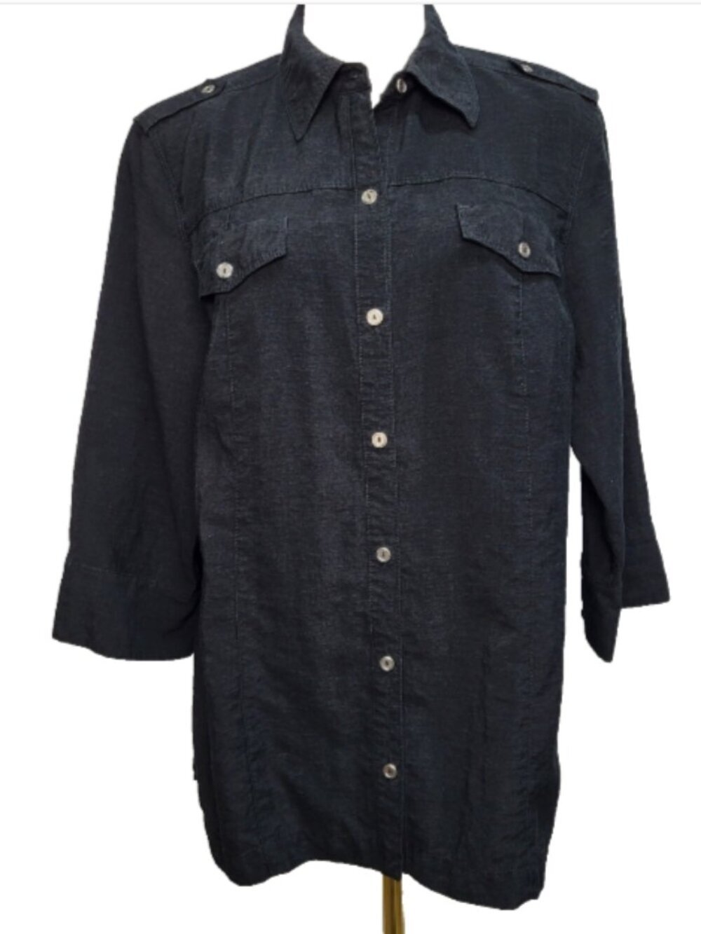 Chico's Size 2 (Reg. Large) Black Shirt 3/4 Sleeves Shoulder Tabs Gold Buttons